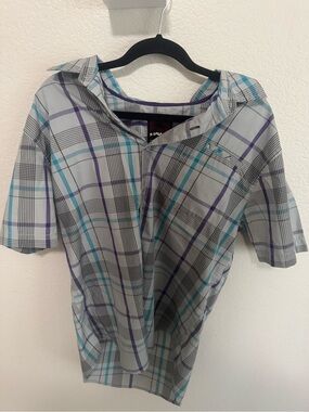 Tony Hawk Gray Plaid Short Sleeve Shirt with Teal & Purple Stripes